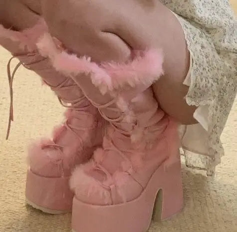 New Winter Women Snow Boots Platform High Heel Faux Fur Lady Shoes Female Plush Warm Non-slip Mid Calf Boots Goth Shoes