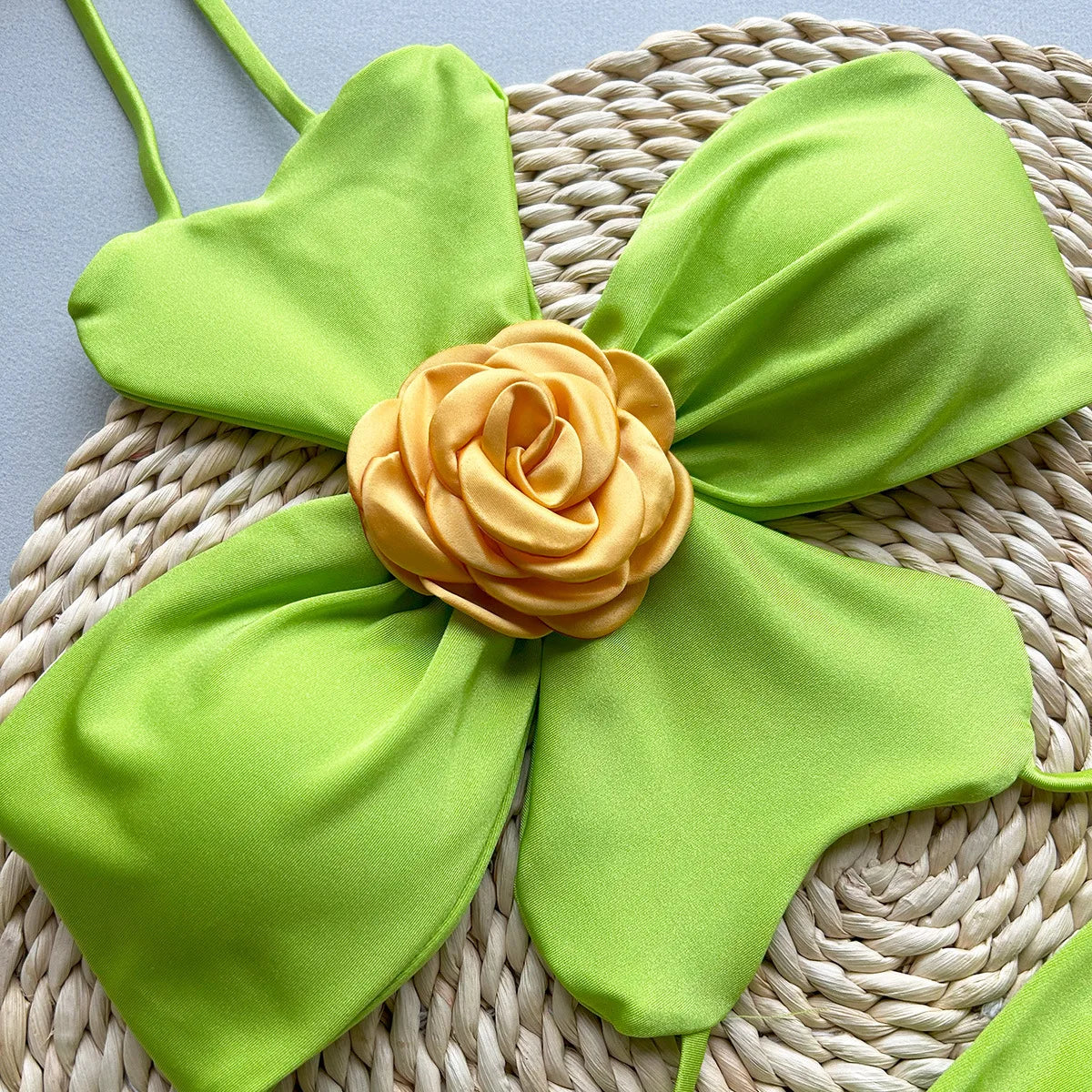 2025 New Green Big Flower 3 Pieces Suit Swimwear Sexy Neck Hanging Backless Bikini Set+Skirt Bathing Suits Beachwear Vacation