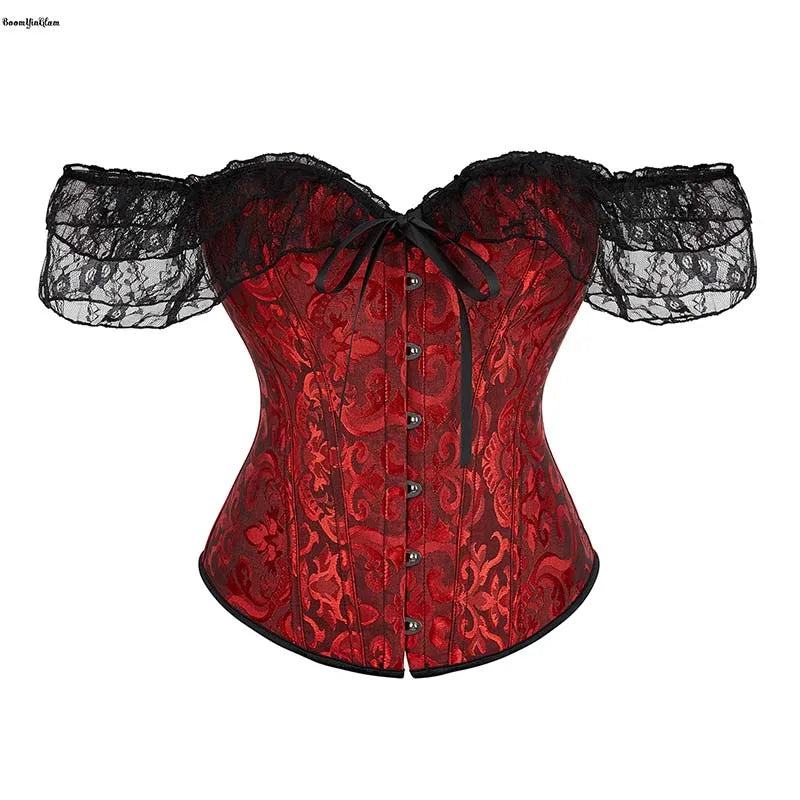 6 Brooches 12 Plastic Bones Victorian Korsett Women Pink Red Apricot Green Blue Brown Black Lace Corset Top With Sleeve
