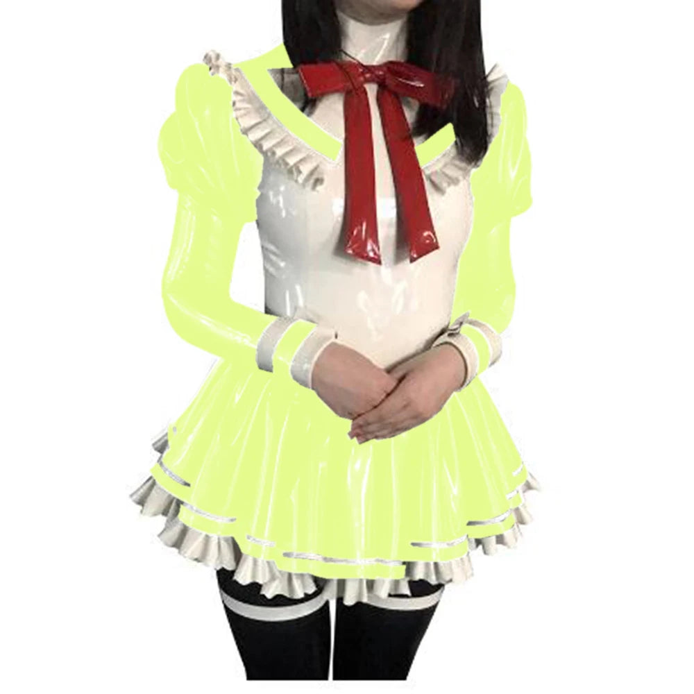 Cosplay Custom Mini Dress Sexy Faux Latex French Maid Club Dresses Long Puffs Sleeves Ruffles PVC Uniform Outfit Clubwear
