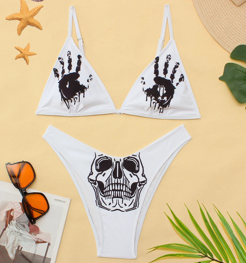 Gothic Bikini 2025 Women Skull Cross Print Bra Thong Swimsuit Split Bathing Suit Underwear Y2K Bikinis Swimwear