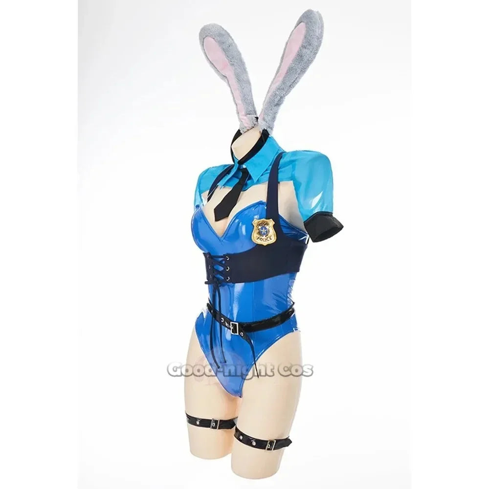 Anime Judy Cosplay Bunny Girl Costume Sexy Catsuit movie role Play  Girls PU Leather Uniform Ear headdress Halloween party