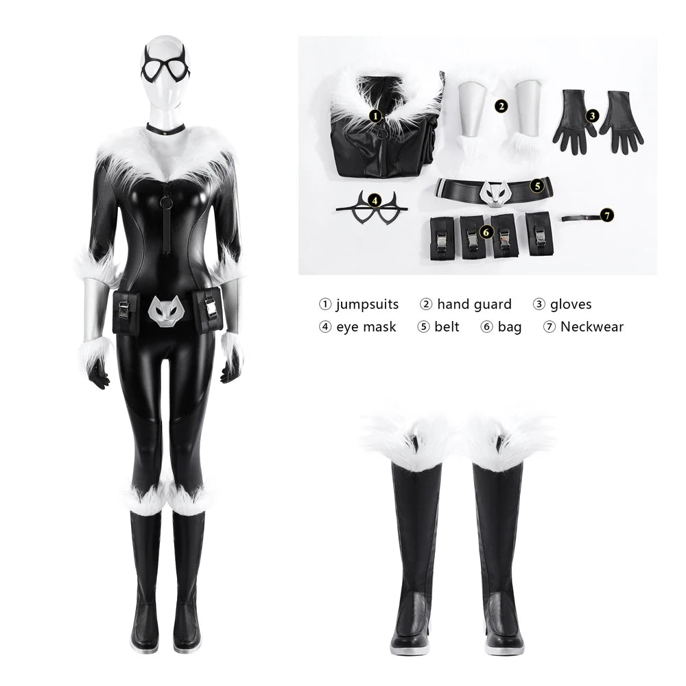 Sexy Zentai Black Cat Felicia Hardy Cosplay Fortnit e Costume Leather Jumpsuit Mask Waist Bag Accessories  Halloween Uniform