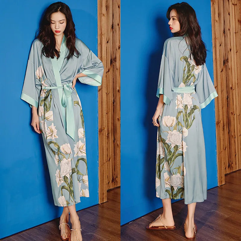 Oversize Long Robe Spring Summer Women Sleepwear Kimono Bathrobe Gown Sexy Satin Nightwear Nightgown Loose Home Dressing Gown