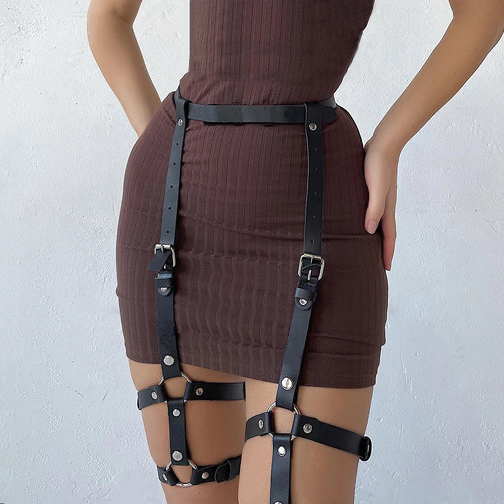 Women Fashionable Harness Waist belt Set Leather Harness Waist Belt Body Harness Breast Leg Garter Belt Goth Clothing Accessory