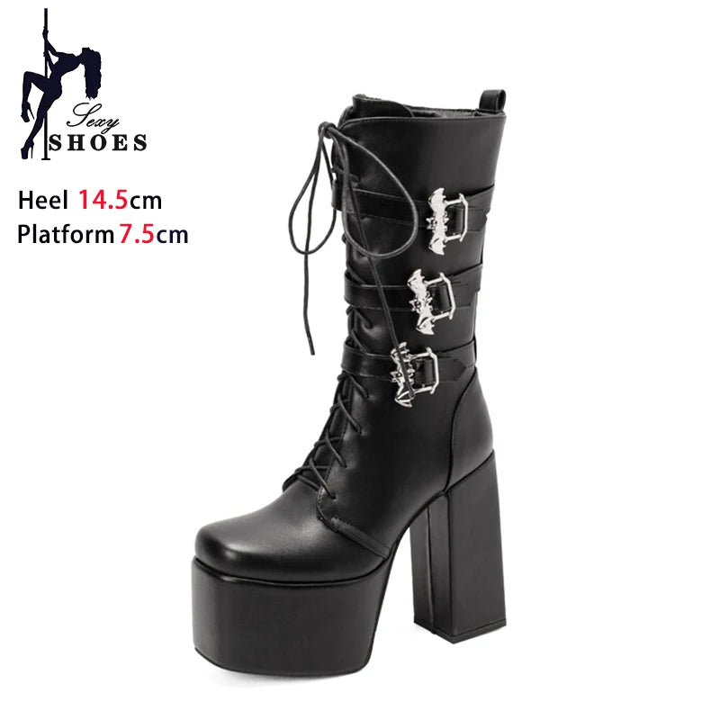 Gothic Style Black Boots Punk Winter Platform Shoes Club Nightclub Sexy Super High Heels Buckle Mid Boots Women Plus Size 43 46