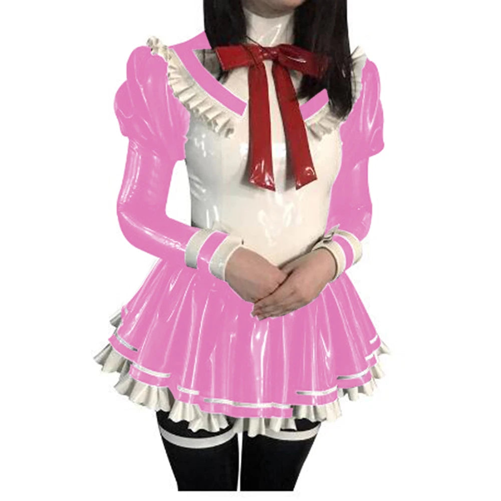 Cosplay Custom Mini Dress Sexy Faux Latex French Maid Club Dresses Long Puffs Sleeves Ruffles PVC Uniform Outfit Clubwear