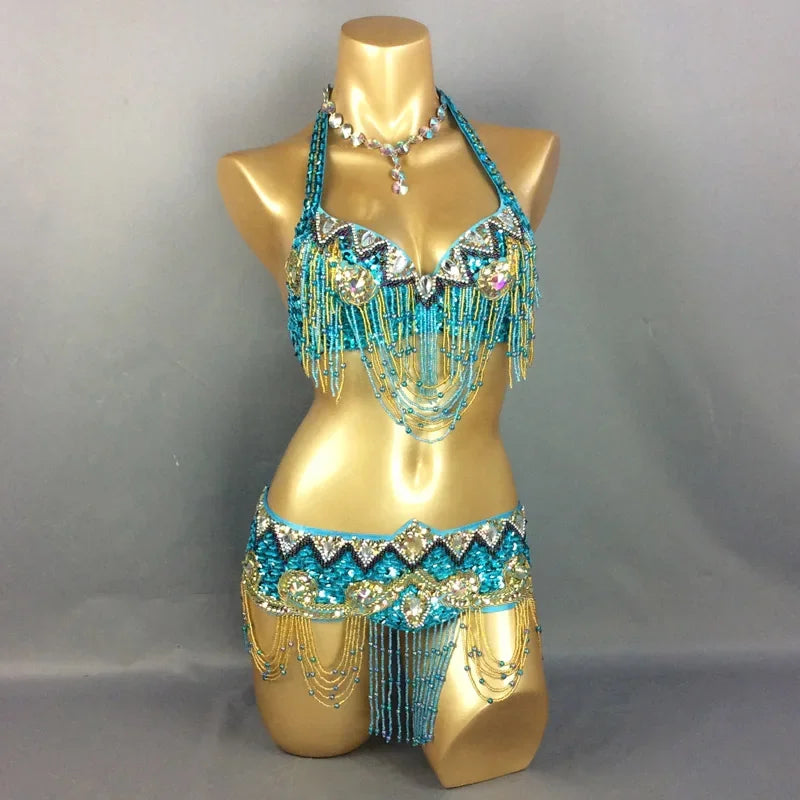 Sexy Belly Dance Costume Set Bra + Belt 2 Piece Set Belly Dancing Costume for Women's 34D/DD,36D/DD,38/D/DDD,40B/C/D,42D/DD
