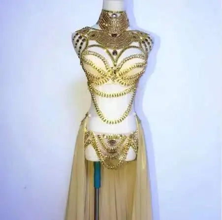 Taylor Swift Show Girl Replica Costume Women's White Gold Rhinestones Bikini Long Trailing Skirt Set Singer Host Stage Outfit Model Catwalk Performance Costume