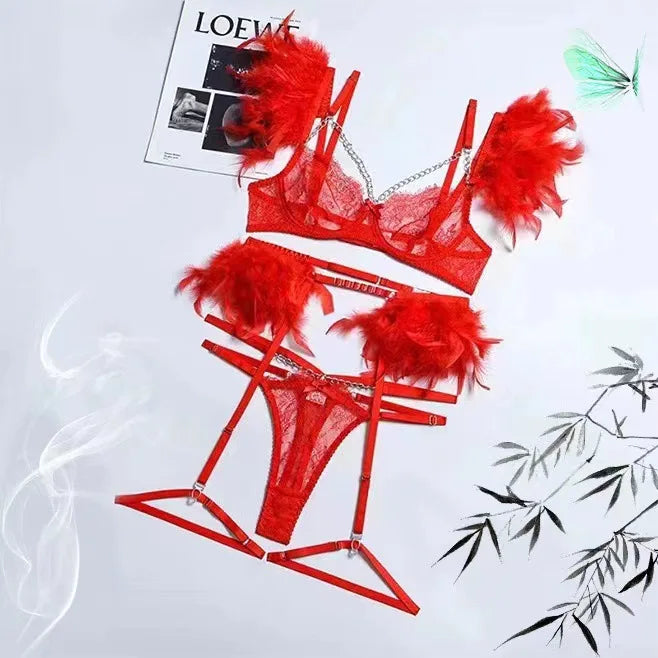 Toucheart 4 Piece Set Fun Lingerie For Women Feather Lace Splicing Chain Sexy Slim Mesh See-Through Sexy Lingerie Garters Suit