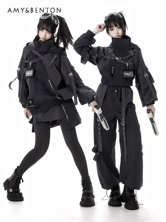 Gothic Splicing Mechanical Style Sets Sweet Cool Hooded Oversized Zipper Jacket Elastic Waist Casual Trousers Subculture Outfits