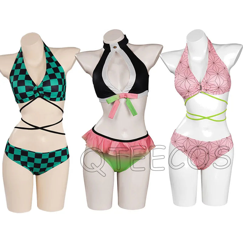 Anime Demon Slayer Kamado Nezuko Cosplay Swimsuit Bikini Cover Up Beach Bathing Two-Piece Swimwear Halloween Carnival Suit gifts