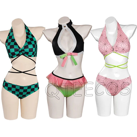 Anime Demon Slayer Kamado Nezuko Cosplay Swimsuit Bikini Cover Up Beach Bathing Two-Piece Swimwear Halloween Carnival Suit gifts