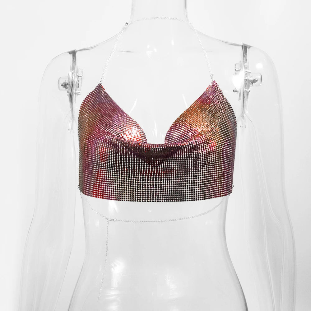 Sexy Metal Metallic Crop Top Women Beach Halter Corset Tops Glitter Backless Party Club Tank Top Clothes Top Camisole Croppe