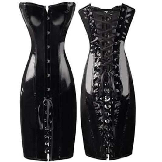 PVC Leather Corset Dress Sexy Women Gothic Punk Long Strapless Torso Bustier Body Slim Club Vinyl Latex Mini Dress Plus Size
