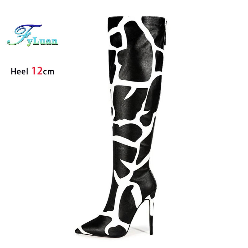 Fashion Print European and American Large Size Boots For Women 12CM High Heels Sexy Pointed Knee-High Boots Spring Autumn Shoes