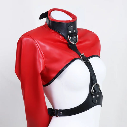 Women Black Red Sexy Open Breast Cupless Leather Bondage Strait Jacket Top Women's Restraint Straight Jacket Halloween Costume