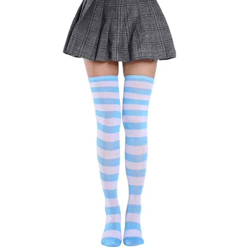 Hot New Cute Sock Stockings Women's Japanese-style Blue White Stripe Knee Legs Sock COSPLAY Anime WOMEN'S Sock