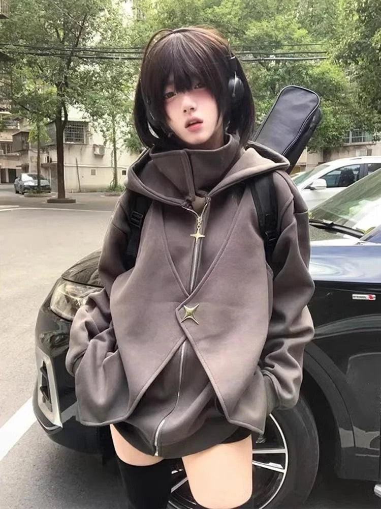 Fake Two Pieces Vintage Loose Zipper Sweatshirts Women Casual Streetwear Grunge Coats Y2k Aesthetic Oversized Stand Neck Hoodies