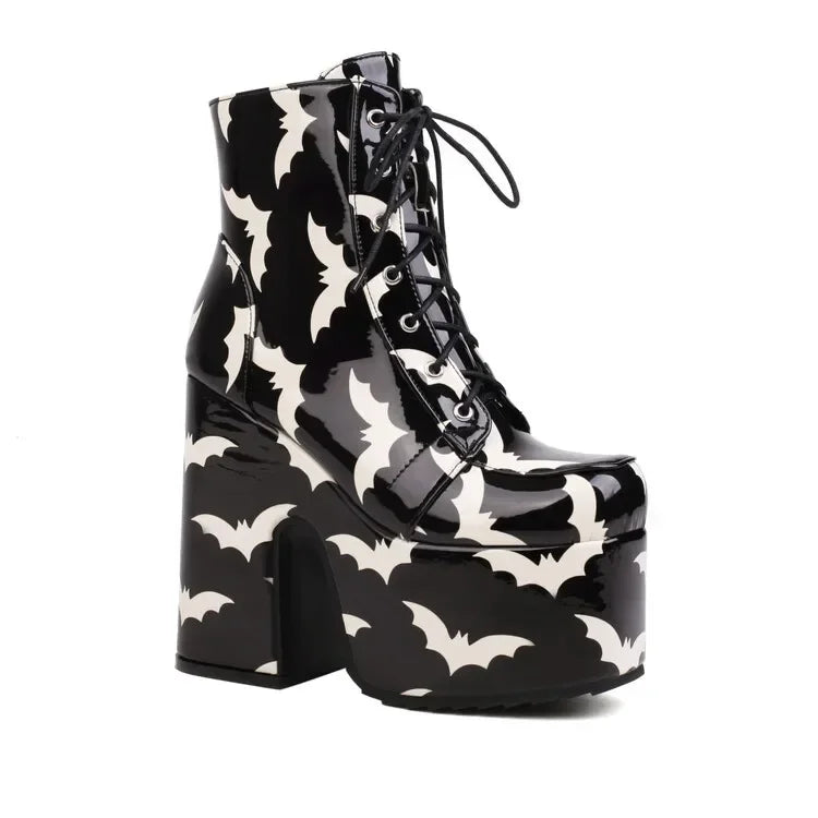Women Rainbow Boots Colorful Gradient Lace-up Platform Gothic Halloween Bat Shoes High Heels Winter Warm Ankle Motorcycle Boots