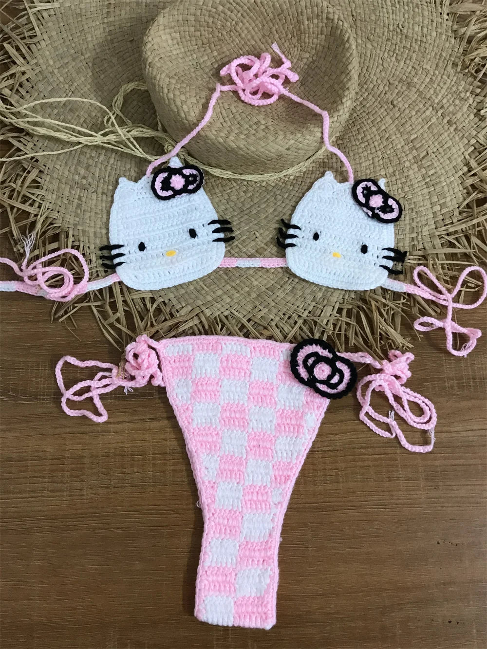 100% Handmade Crochet Brown Bikini Set Swimwear Beachwear Outfit Island Crochet Bikini Bow Cute Bathing Suit Women DIY clothing