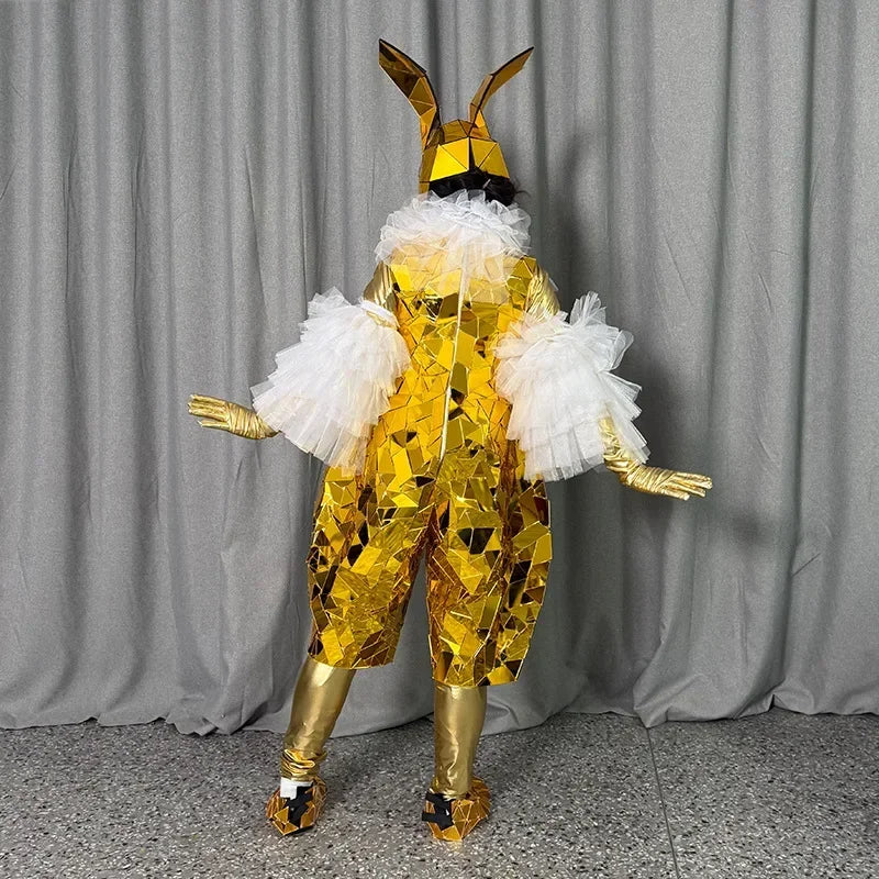 Gold Mirror Cosplay Surface Costume Adult Women Easter Festival Parade Party Outfit Rabbit Mascot Bunny Carnival Jumpsuit Men DJ