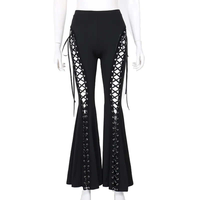 Goth Dark Grunge Streetwear Black Bandage Trousers Cyber Gothic Punk Hollow Out Flare Pants Women Emo High Waist Sexy Alt Bottom