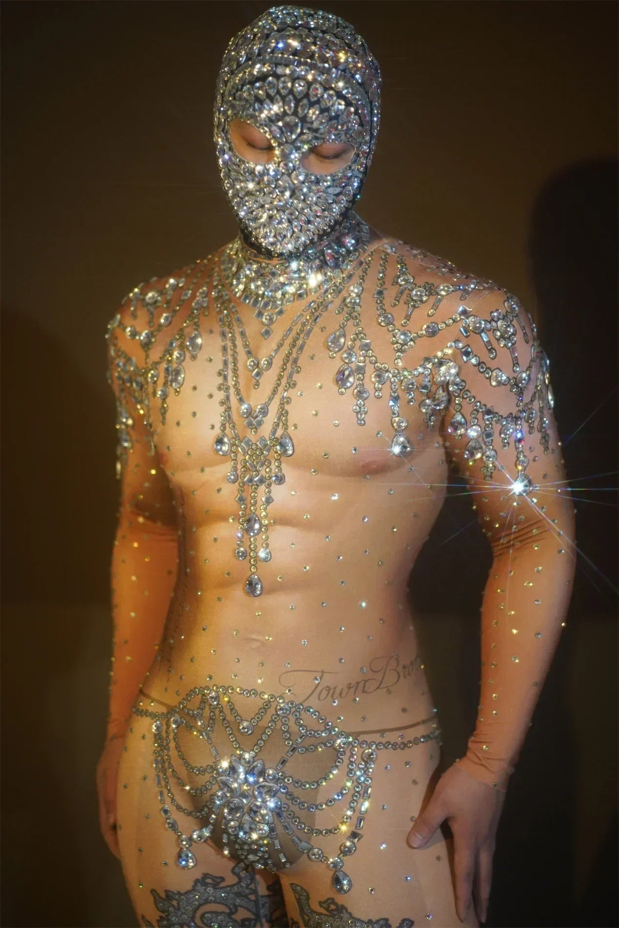 DJ Nightclub Party Prom Outfits Performance Dance Show Stage Wear Men Elastic Leotard Headgear Sparkly Rhinestone Jumpsuits Sexy