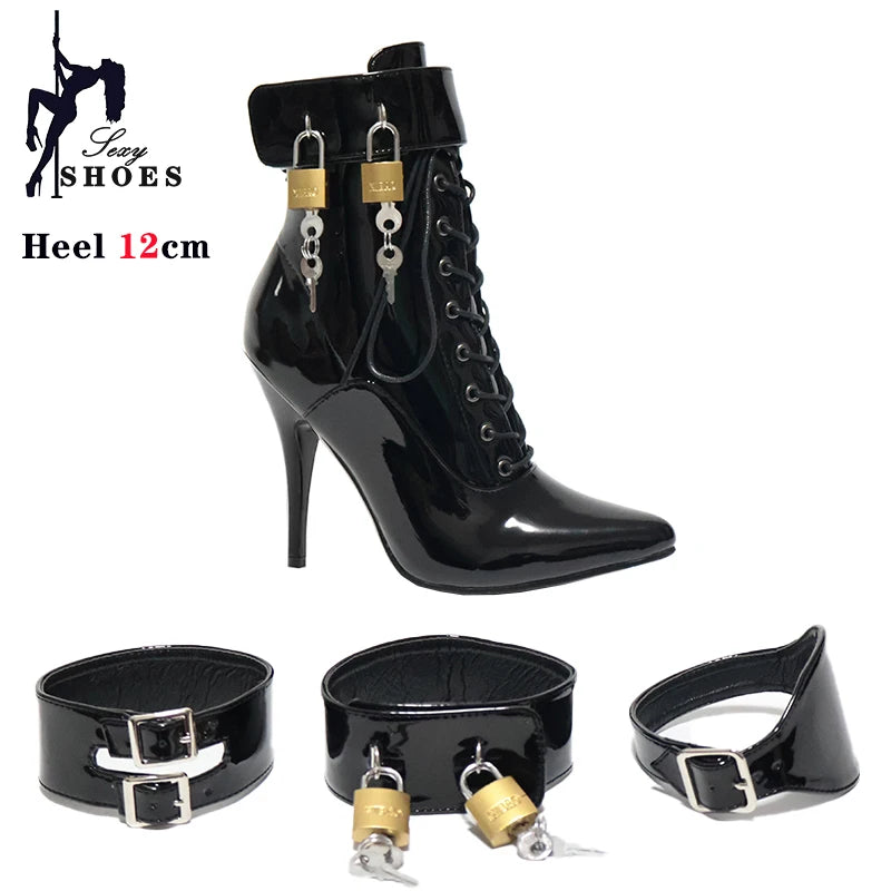 New High Heel 12cm Stilleto Sexy Ankle Boots Pointed Toe Two Lockable Padlocks Women Shoes T Show Thin High Heels Plus Size