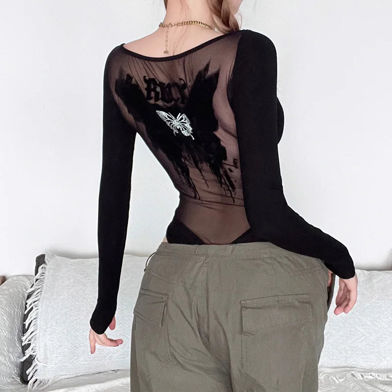 Goth Dark Mall Gothic Mesh See Through Butterfly Print Skinny Bodysuits Sexy Backless V-neck Overalls Y2K Grunge Street Bodysuit