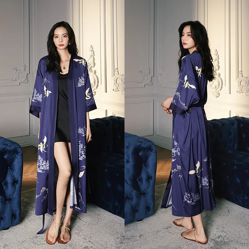 Satin Pajamas Womens Robe for Summer Plus Size Luxury Design Fashion Printing Silk Cool Long Style Bathrobe Womens Long Robes