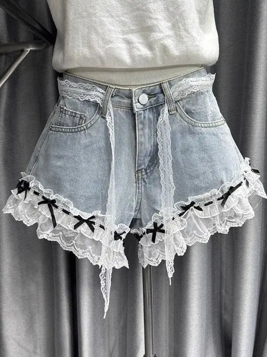 Sweet Lace Splicing Denim Shorts Women's 2025 Summer New A-shaped Wide-footed Jeans Hot Pants