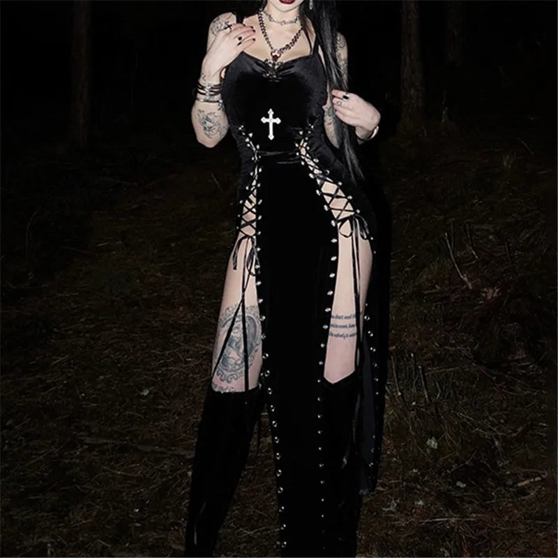 Goth Dark Punk Grunge High Split Hem Straps Dess 90s Streetwear Gown Women Sexy Corn Bandage Velvet Dresses Mall Gothic Clothing