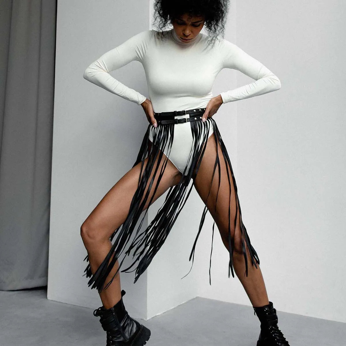 Women Sexy Leather Harness Waist Belt Tassels Leather Skirt Punk Goth Cowboy Girl Wild Holiday Style Attire Clothing Accessorie