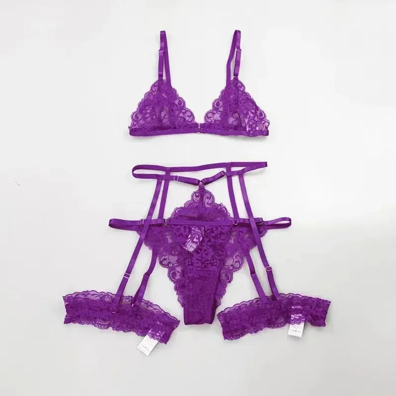 ASHBURN 3 Piece Set Sleepwear Suit Sexy Lingerie Women Thin Transparent Lace Bra Set See Through Female Erotic Underwear New
