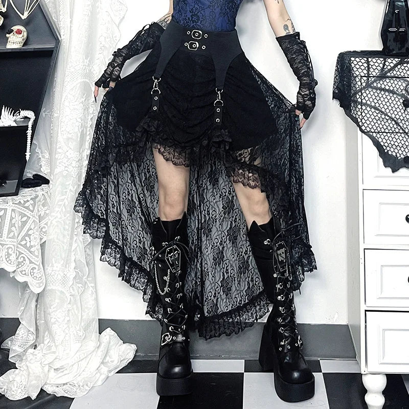 Goth Dark Irregular Hem Lace Patchwork Skirts Fairy Grunge Metal Buckle Zip Streetwear Chic Bottoms Mall Gothic Women Alt Skirts
