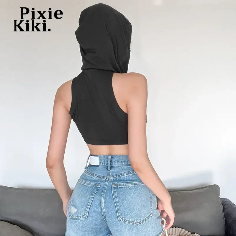 PixieKiki Hooded Cross Crop Top Rave Clothes Y2k Women Streetwear Sexy Clubbing Irregular Tank Tops P71-CZ17