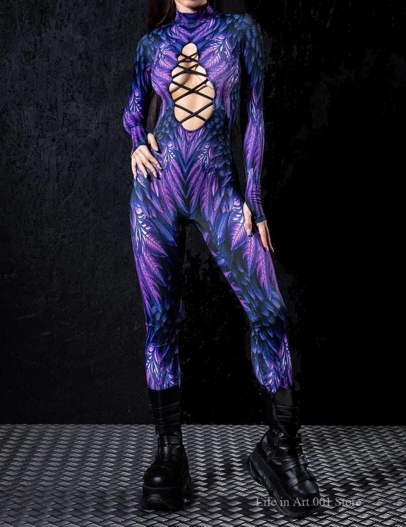 Hollow Out Bandage 3D Evil Feather Party Cosplay Sexy Bodysuit Halloween Carnival Party Costume Yoga Cloth Zentai Tight Jumpsuit