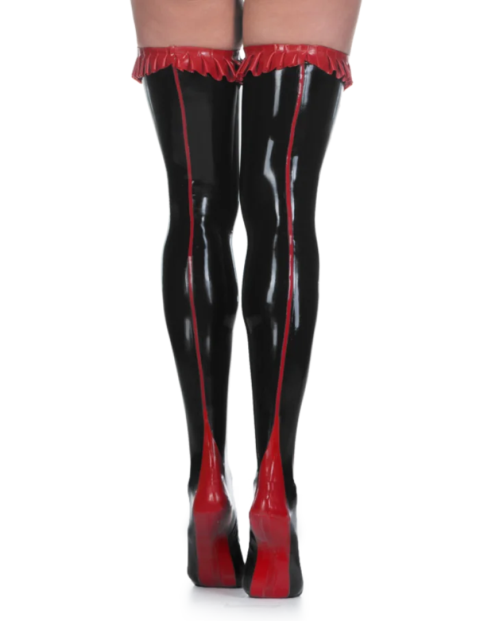 ASHBURN Latex Stirrup Stockings Thigh High Stockings Red Ruffle 0.4