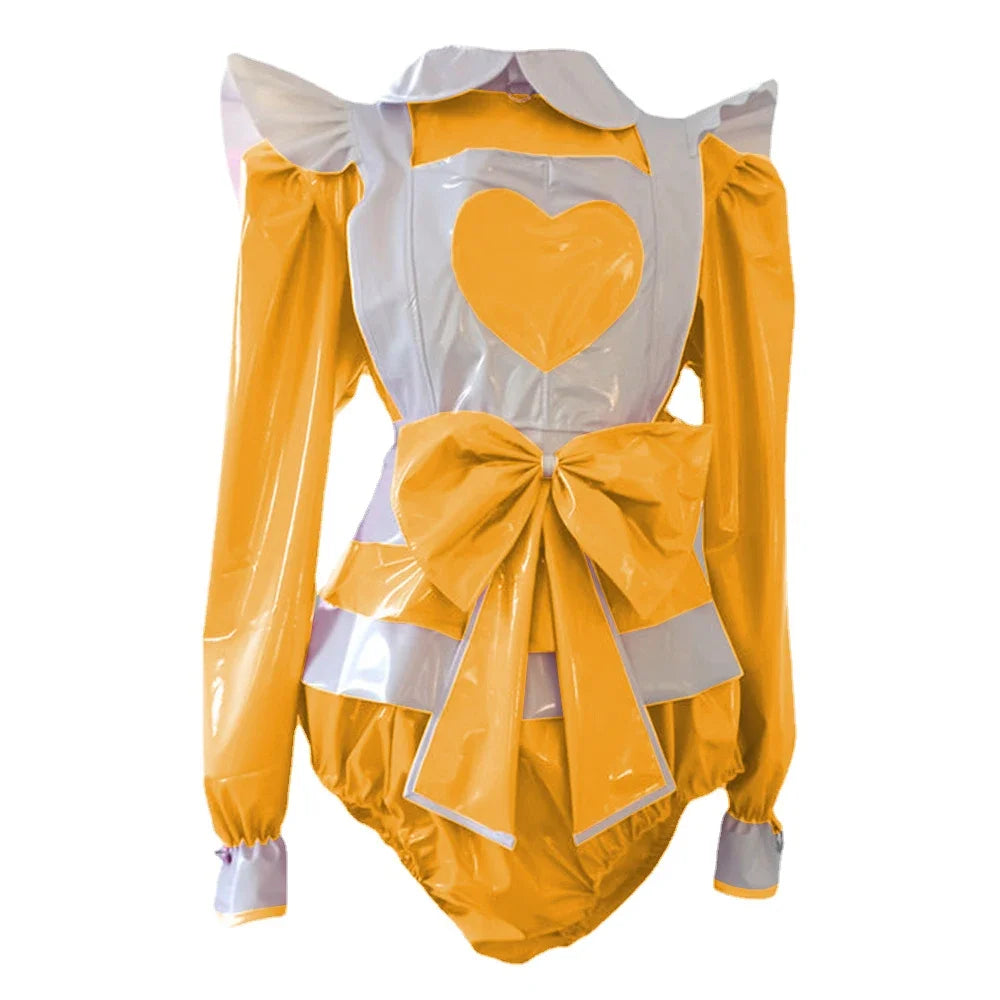 Long Sleeve heart Rompers Maid style with Big Bow Apron Spandex PVC Leather Cosplay Suits