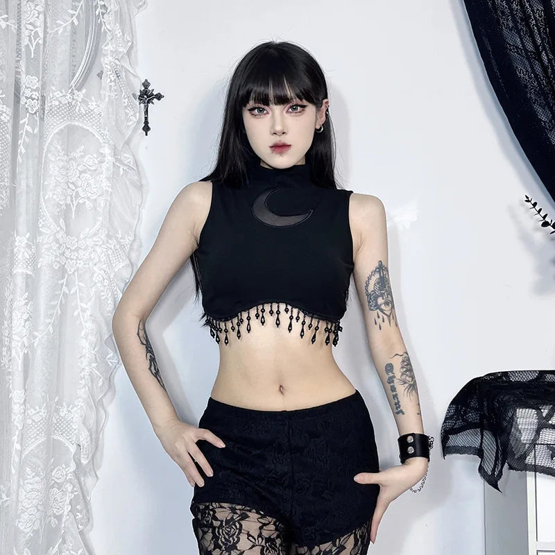 Goth Dark Cyber Y2K Skinny Turtleneck Tank Top Sexy Moon Chain Tassel Sleeveless Crop Tops Gothic Women Punk Streetwear Alt Vest