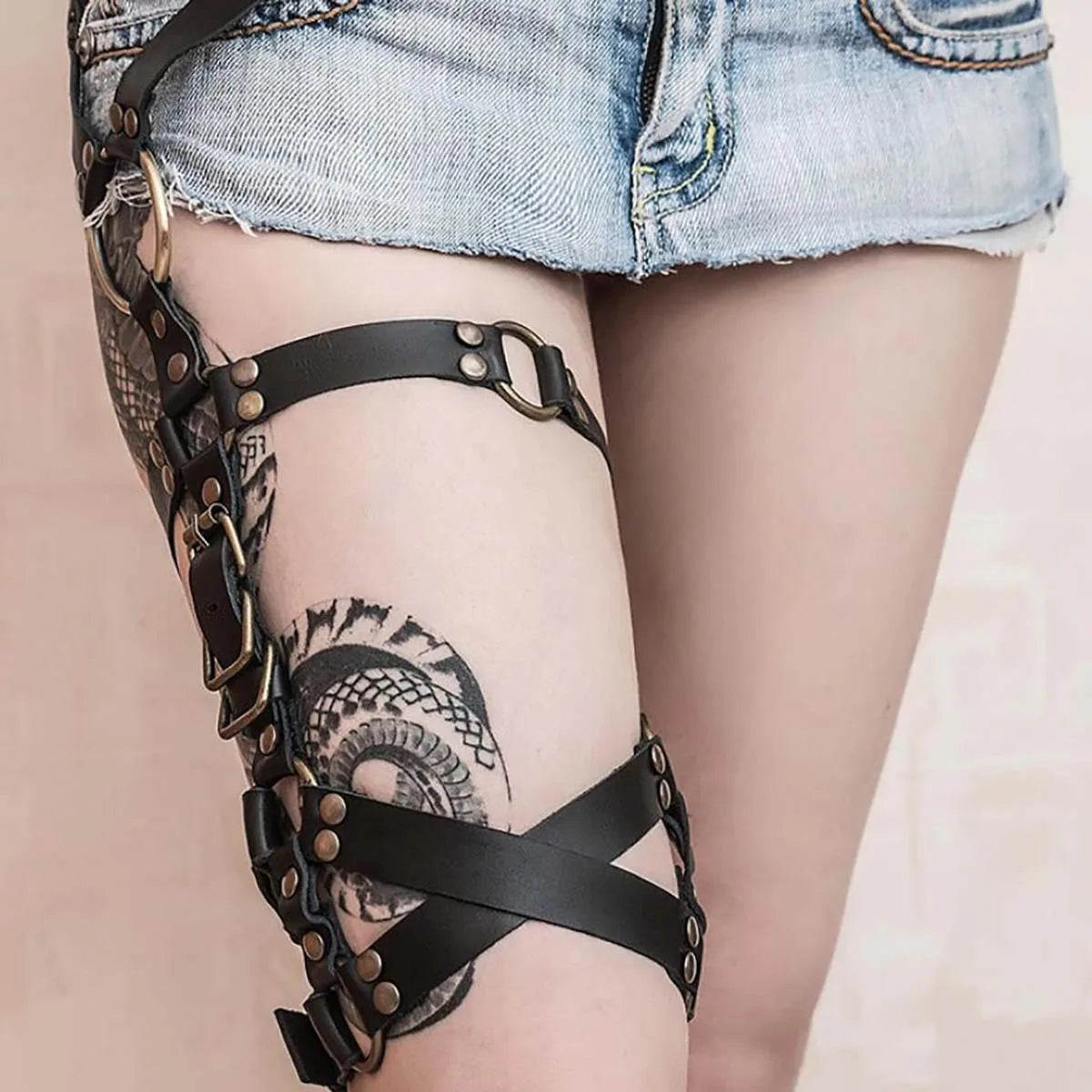Women's sexy leg straps, leather underwear, BDSM bound thigh straps, punk side straps, fetish gothic clothing, exotic accessorie
