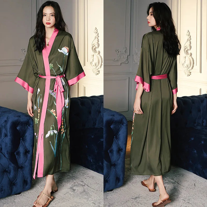 Oversize Long Robe Spring Summer Women Sleepwear Kimono Bathrobe Gown Sexy Satin Nightwear Nightgown Loose Home Dressing Gown