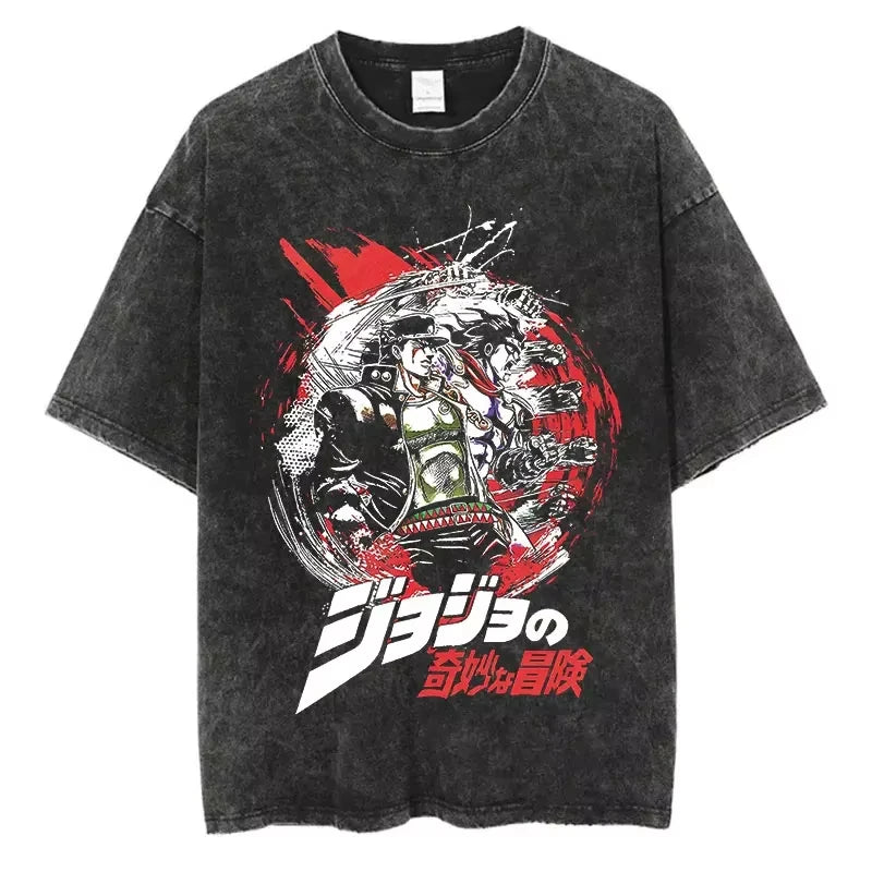 Vintage Black Washed Cotton Tees Shirts Anime Graphic Tshirts for Men Women Casual Short Sleeve Tops Cosplay Hip Hop Streetwear