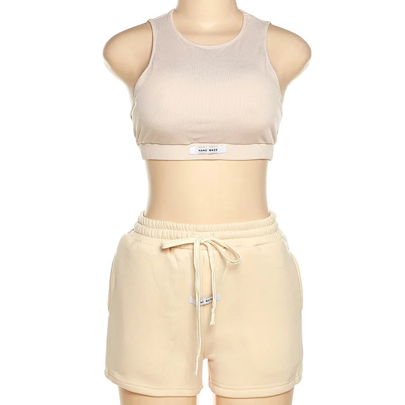 Sporty Solid Letter Two Piece Set Women Ribbed Skinny Tank Tops+ Loose Casual Bandage Shorts Matching Female Tracksuit