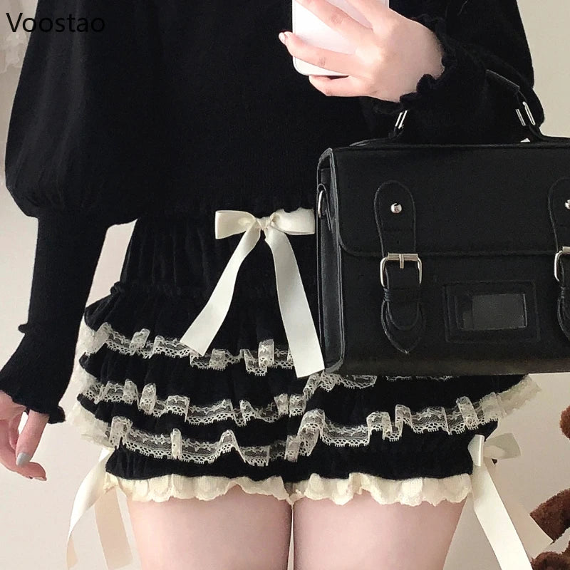 Autumn Winter Sweet Lace Ruffles Women Lolita Safety Short Pants Cute Knickers Velvet Princess Underpants Girl Harajuku Bloomers