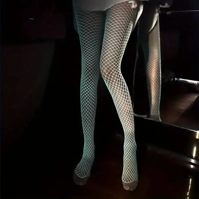 Night Fluorescent Women's Long Socks Fishnet Body Stockings Curve Lingerie Y2k Mesh Fabric High Waist Sex Tights Sexy Bodysuits
