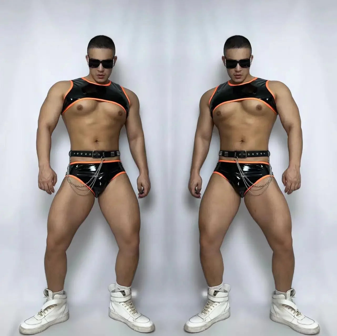 Chains Performance Clothes Club Party Show Rave Outfit DJ Nightclub Male Pole Dancing Costume Fluorescent PU Leather Bikini Belt