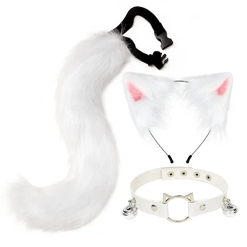 Fox Cat Ears Mask+Tail +Gloves，Fluffy Animal Headwear Ears Hairpin+Tail +Bell，Hair Hoop Set for Halloween Cosplay Accessories