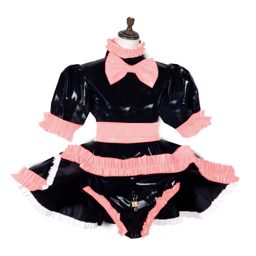 lockable dress Role Play Maid Dress with Apron Lockable Panties French Sissy PVC Short Sleeved Dress Lockable Uniform XS-7XL